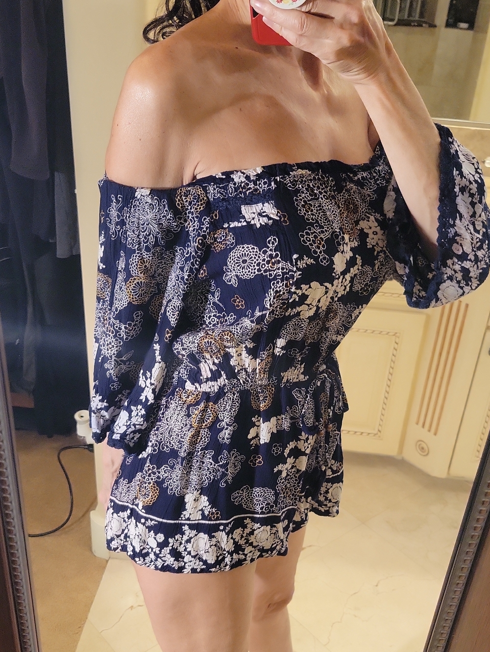 Angie Navy Romper with White and Gold Floral Print, S - Picture 8 of 16